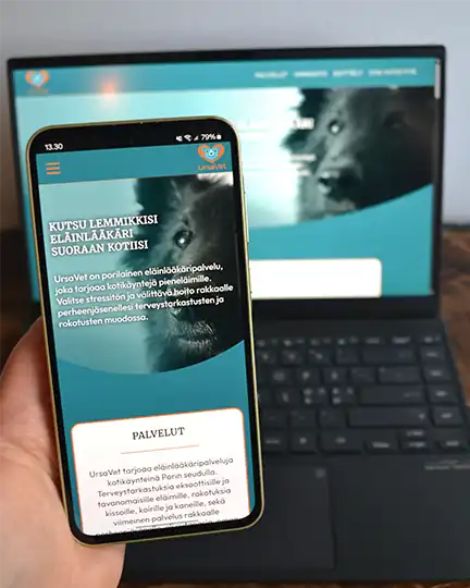 Ursavetin nettisivut mobiilissa ja läppärillä.